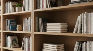 books arranged in vertical and horizontal stacks on shelf