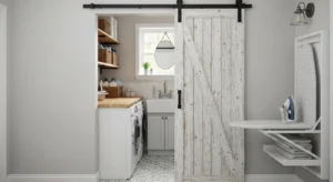 sliding barn door for small laundry room space saving