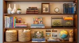 varied shelf styling creating dynamic bookshelf design