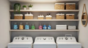 floating shelves in laundry room for organized storage