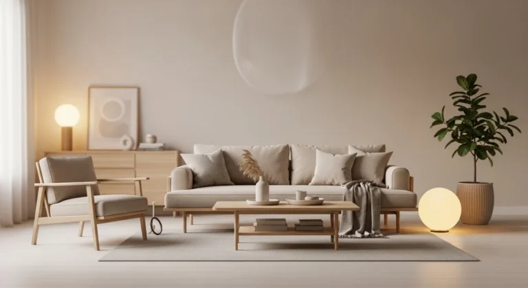 japandi living room with neutral tones low furniture and natural wood creating calm minimalist space