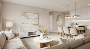 neutral color palette in living room dining combo