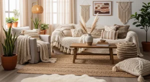 layered textures in small living dining combo space