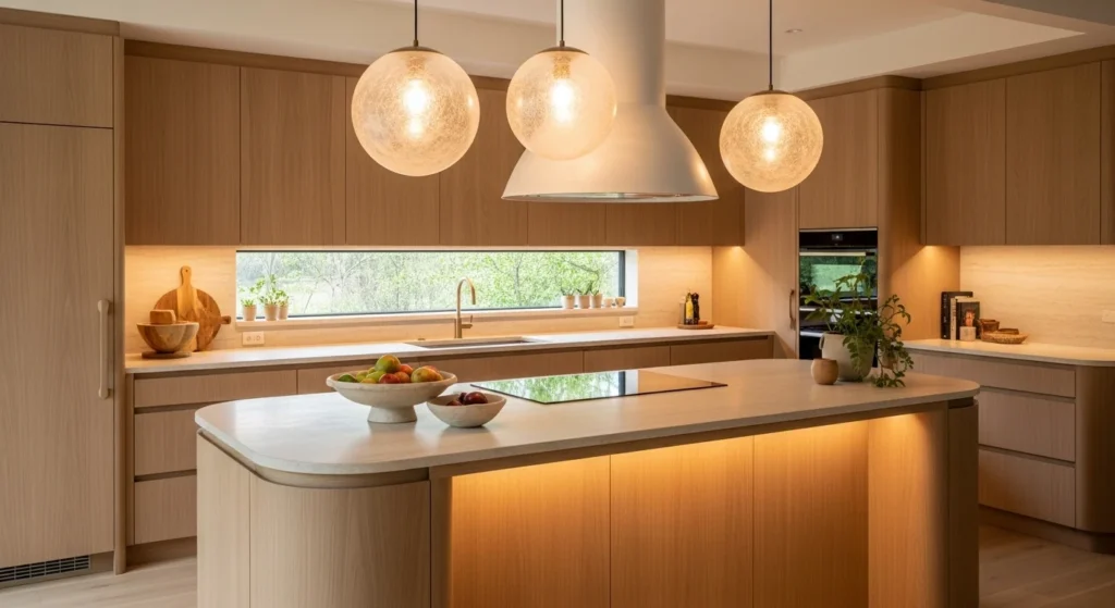 Kitchen with curved island and soft modern design elements
