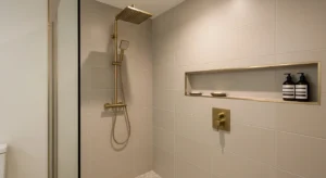 brass shower fixtures adding warm elegant touch