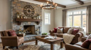 stone wall in french country living room design