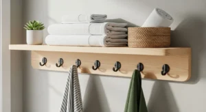 bathroom shelf with hooks for towels and storage