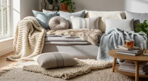 layered textiles in french country living room for cozy feel