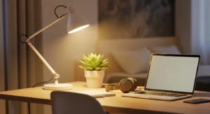 cozy teen bedroom desk setup with soft lighting and decor