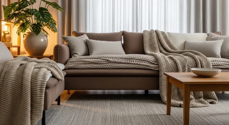 brown living room with cozy sofa beige decor and warm lighting creating modern warm living room design