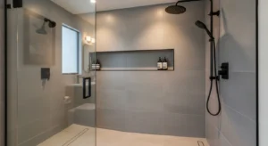 seamless tile shower design with matching surfaces