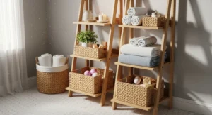 ladder shelf in bathroom for vertical storage and decor
