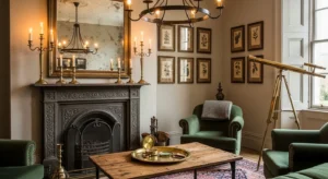 aged metal accents in french country living room