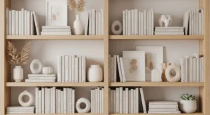 neutral bookshelf styling creating calm aesthetic