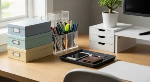organized cubicle storage keeping desk clutter free