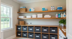 under shelf storage bins in laundry room