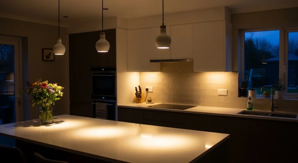 Layered kitchen lighting with pendant lights and warm ambient glow