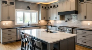 taupe kitchen cabinets with black accents for contrast