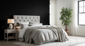 natural fabrics softening black accent wall bedroom