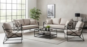 beige seating with black frames creating modern look