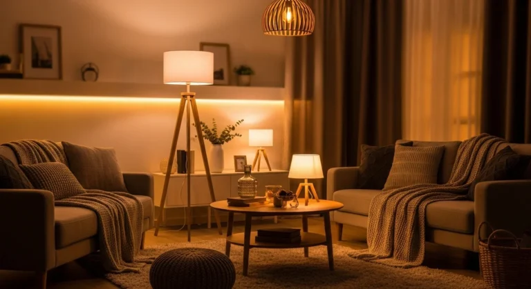 cozy living room with layered lighting including lamps and warm ambient lights for modern living room lighting ideas