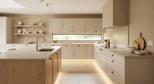 beige kitchen design with warm and inviting neutral tones