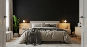 A modern cozy bedroom with a matte black accent wall behind the bed, beige and cream bedding, soft layered textures, and warm ambient lighting. Include light wood furniture, a neutral rug, and minimal decor like a plant and soft curtains. The room should feel bold yet cozy, with a balanced contrast between dark and light elements. Slight blur background with focus on bed and accent wall.