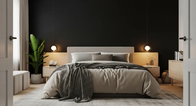 A modern cozy bedroom with a matte black accent wall behind the bed, beige and cream bedding, soft layered textures, and warm ambient lighting. Include light wood furniture, a neutral rug, and minimal decor like a plant and soft curtains. The room should feel bold yet cozy, with a balanced contrast between dark and light elements. Slight blur background with focus on bed and accent wall.