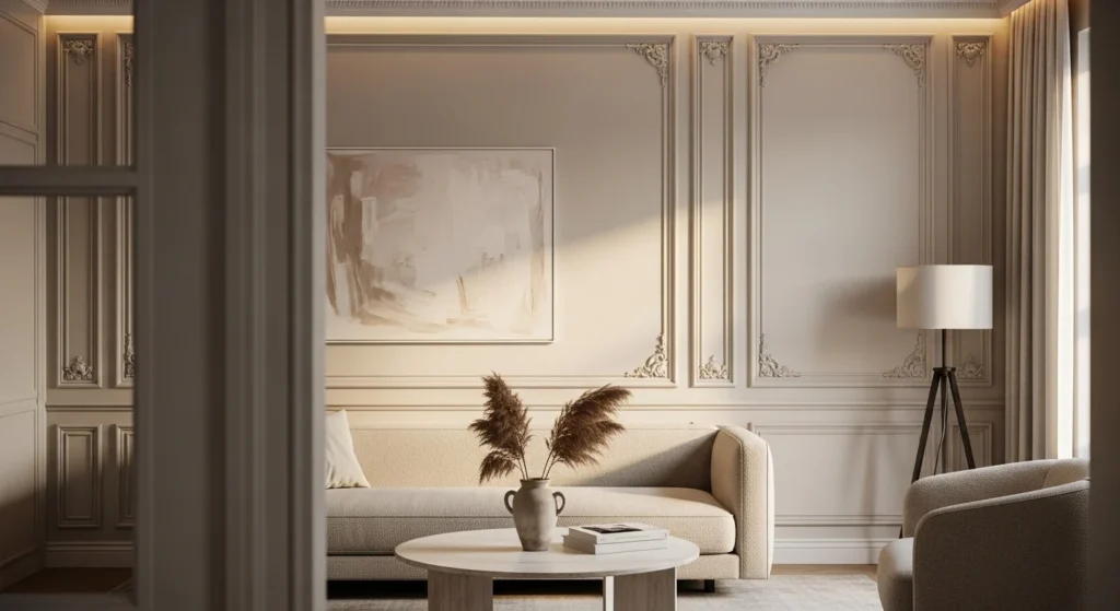 elegant wall molding design in living room with neutral colors creating modern stylish interior