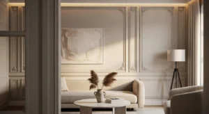 elegant wall molding design in living room with neutral colors creating modern stylish interior