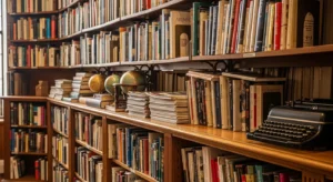 bottom shelf with more books creating balance