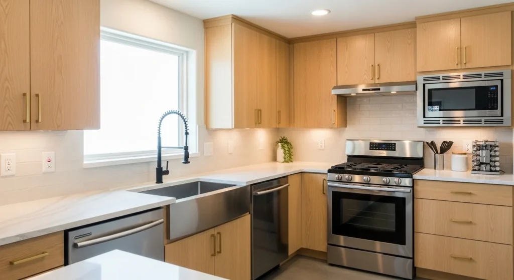 Kitchen with mixed metal finishes including brass and matte black accents