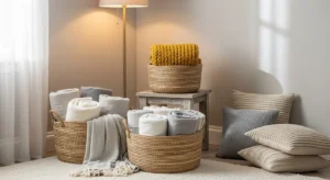 woven basket storage in french country living room