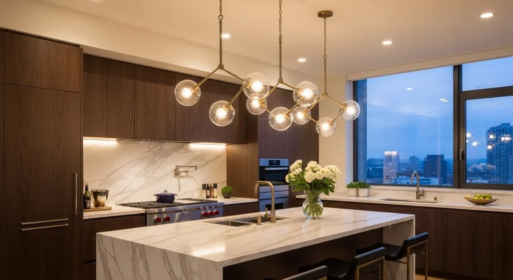 Kitchen with statement pendant lighting above island