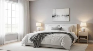 grey and white bedroom with soft earthy neutral tones