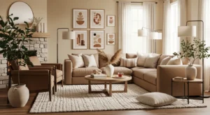 brown and beige living room creating calm neutral space