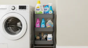 slim rolling cart in laundry room for extra storage