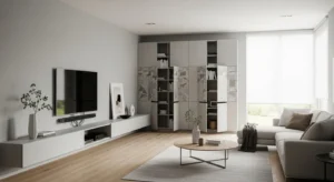 hidden storage in japandi living room for minimal design