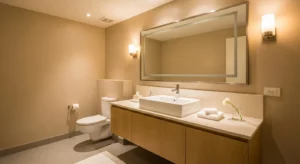 beige and white bathroom color scheme creating warm neutral look