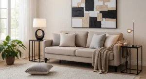 black side tables in beige living room adding contrast
