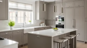 taupe cabinets with white countertop creating balanced kitchen look