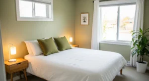 olive and white bedroom with earthy calm design