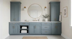 dusty blue bathroom color scheme with calm modern feel
