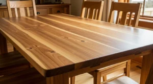 textured wood dining table adding warmth to space