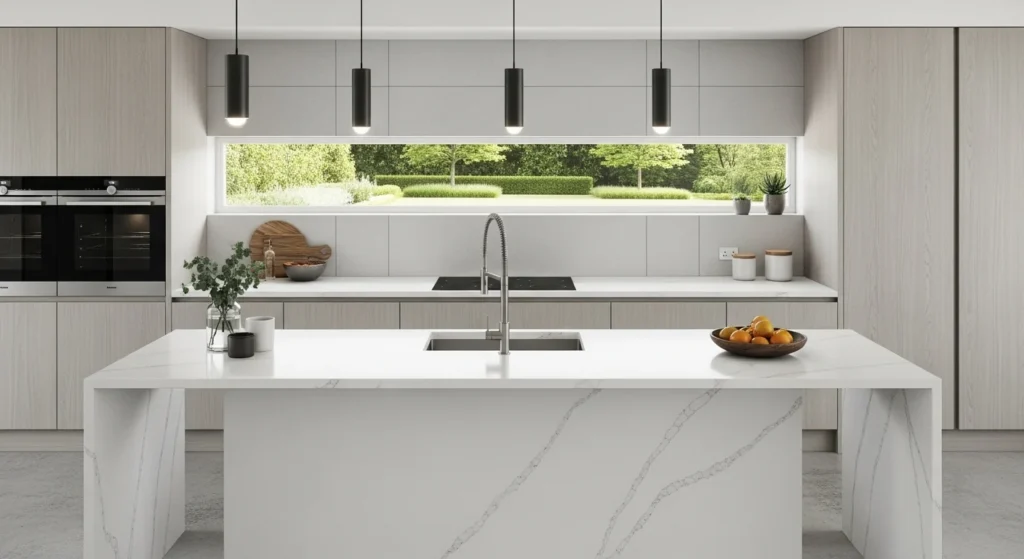 Seamless kitchen countertop with waterfall edge design