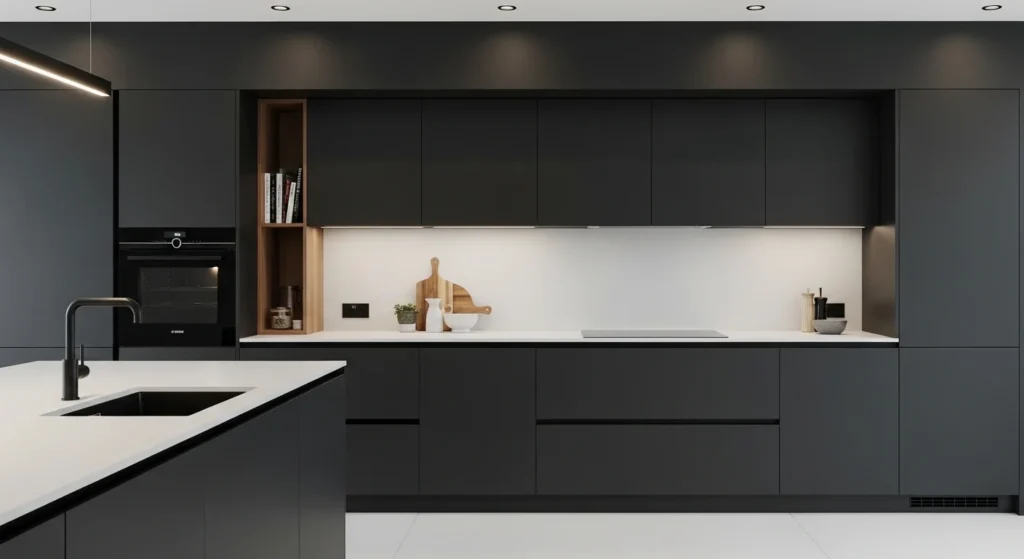Matte finish kitchen cabinets with modern minimal aesthetic