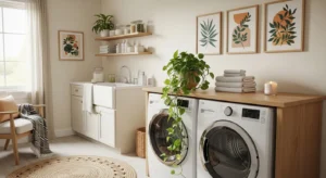 cozy decor in small laundry room with plant and artwork