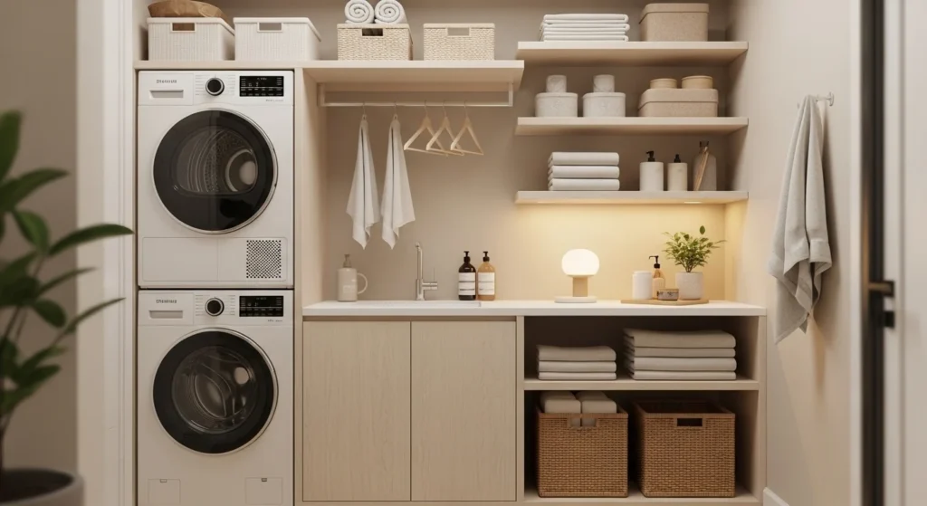 small laundry room with stacked washer dryer and organized shelves showing space saving laundry room ideas