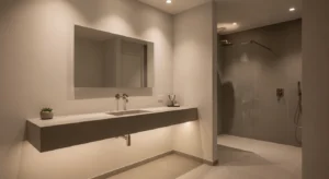 warm grey bathroom color creating cozy modern look