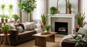 brown and green living room with earthy aesthetic